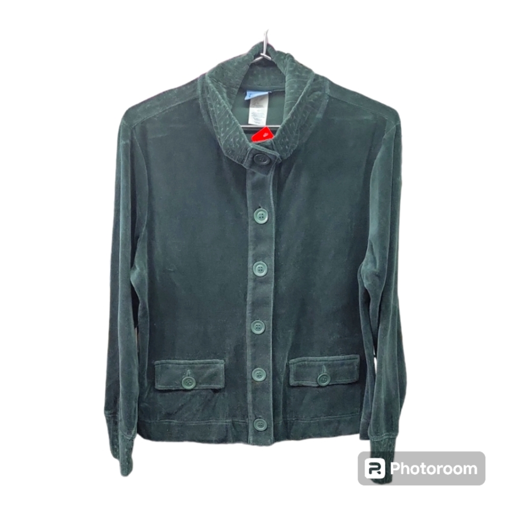 Classic Elements Women's Green Long Sleeve Button Up Velour Jacket Size L
